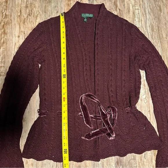 Lauren Ralph Lauren Cable Knit Cardigan Velvet Tie Waist SZ Large Quiet Luxury - Picture 7 of 10
